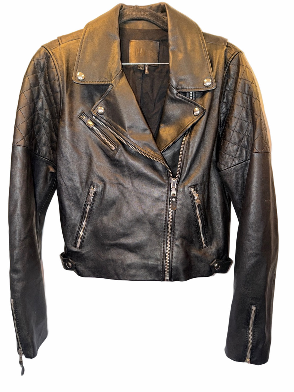 PAIGE, Quilted-Sleeve Lamb Leather Biker Jacket, SZ M, PTP 20”, L 20” (T1-374)